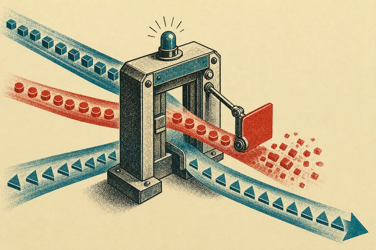 Three API request streams meet an inspection gate; one safe stream passes while a stop paddle blocks another.